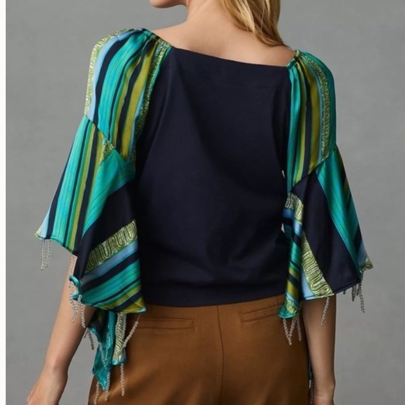 Anthropologie TINY Blue Green Beaded Bell Sleeve Top Size XS Flowy Boho Coastal - Picture 3 of 14